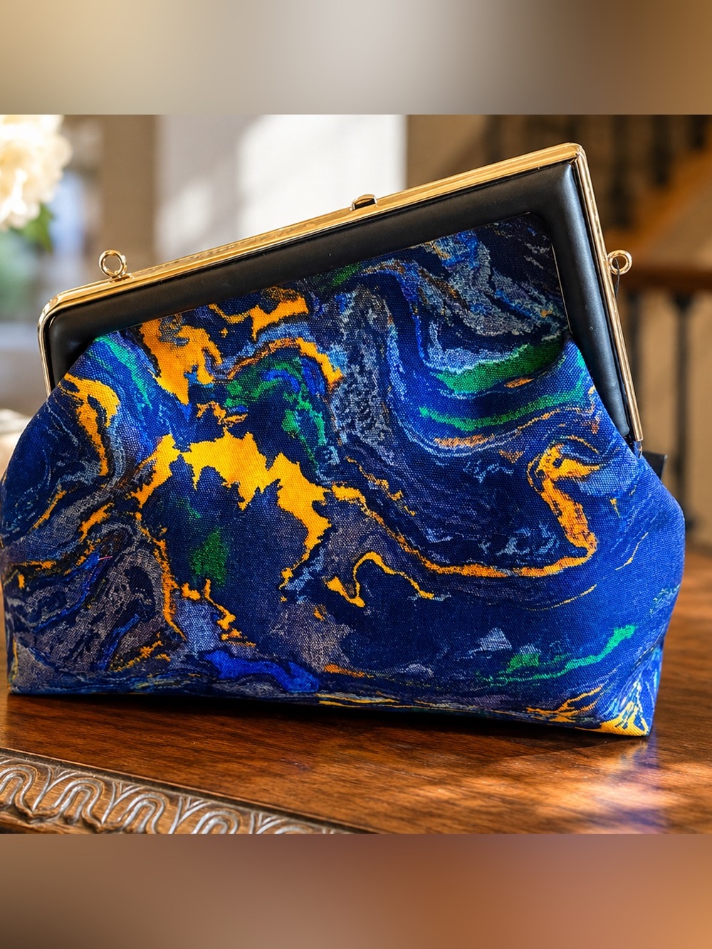 BC Blue Marble Print Frame Clutch - Handbag Straps Included